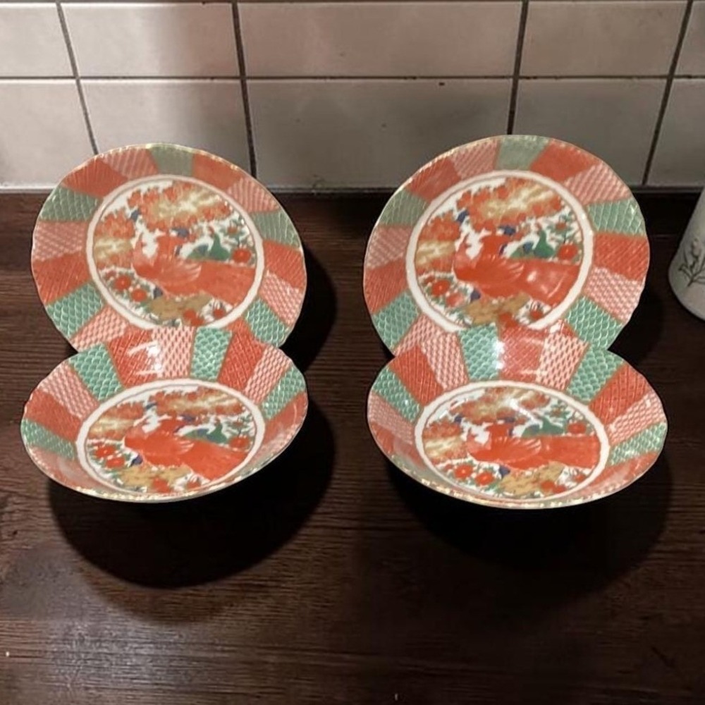 Arita Imari Peacock Coupe Bowls, Set of 4, Vintage Asian Themed Dinnerware